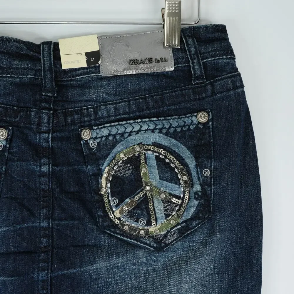 Grace in LA Skirt Womens M Embellished Rhinestone Peace Sign Designer Denim Jean